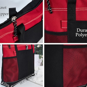 May include: Red and black tote bag made of durable polyester. Features a nylon knot zipper pull and metal zipper. The bag has a black mesh side pocket and measures 13.78 inches high, 18.5 inches wide, and 4 inches deep.
