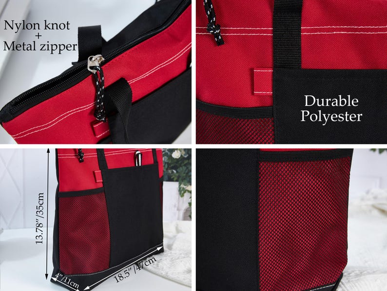 May include: Red and black tote bag made of durable polyester. Features a nylon knot zipper pull and metal zipper. The bag has a black mesh side pocket and measures 13.78 inches high, 18.5 inches wide, and 4 inches deep.