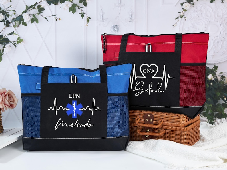 May include: Two tote bags, one blue and one red, with black accents. The blue bag has "LPN" and a medical symbol, with the name "Melinda". The red bag has "CNA" and a heartbeat design, with the name "Belinda".