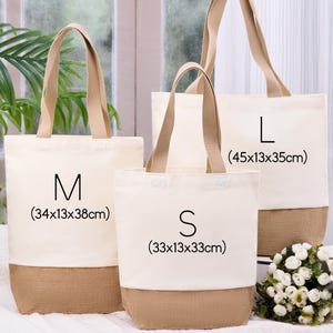 May include: Three canvas tote bags in varying sizes: S, M, and L. The bags have a natural beige color with a brown burlap bottom and matching handles. The S bag is 33x13x33cm, the M bag is 34x13x38cm, and the L bag is 45x13x35cm.