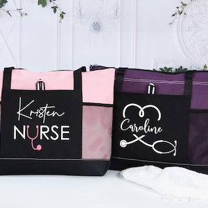 May include: Two personalized tote bags. One is pink and black with "Kristen Nurse" printed on the front, and a stethoscope graphic. The other is purple and black with "Caroline" and a stethoscope graphic.