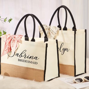 Custom Bridesmaid Name Jute Bag with Scarf,Personalized Burlap Bag,Bridal Proposal,Beach Tote Bag,Bridesmaid Gifts,Bachelorette Party Favor