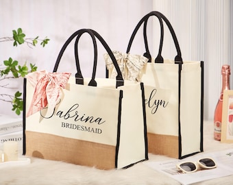 Custom Bridesmaid Name Jute Bag with Scarf,Personalized Burlap Bag,Bridal Proposal,Beach Tote Bag,Bridesmaid Gifts,Bachelorette Party Favor