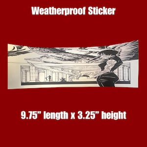 May include: Weatherproof sticker featuring a black and white illustration of a character with wings, holding a sword, standing in front of a building. The sticker is 9.75 inches long and 3.25 inches high.