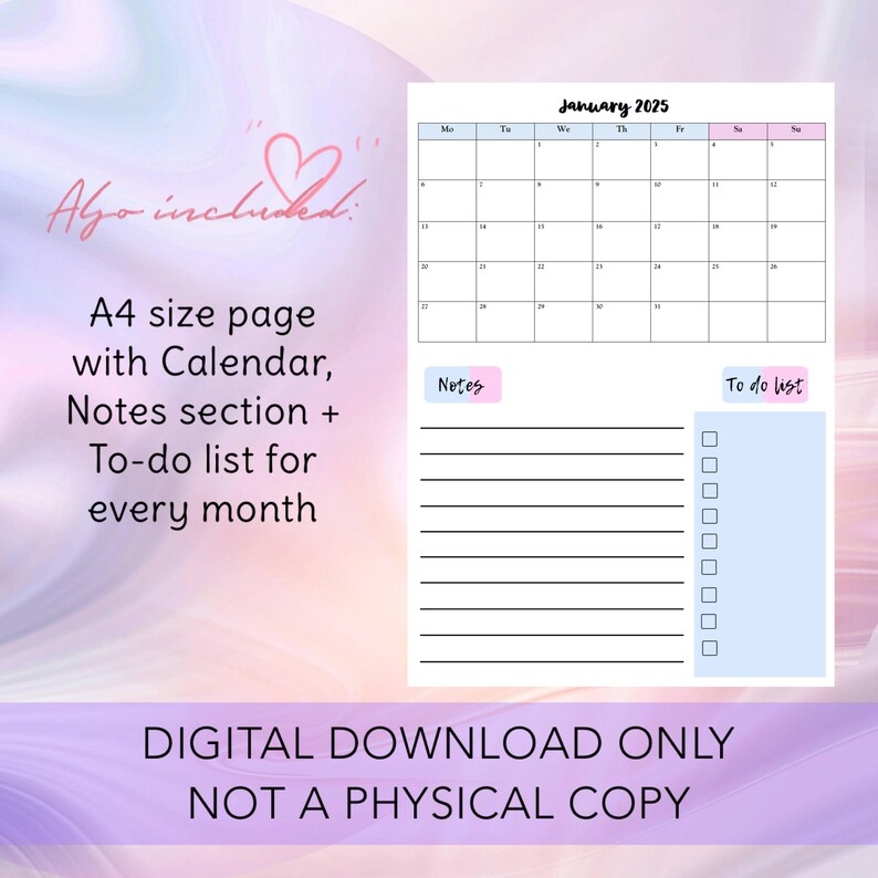 Calendar 2025 A4 Printable Simple Cute Pink Minimalistic Design Monthly Calendar Digital Etsy