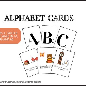 Schede e storie dell'alfabeto, schede didattiche ABC, poster dell'alfabeto, istruzione prescolare a casa, apprendimento per i bambini dell'asilo, Montessori