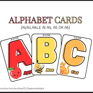 Tarjetas del alfabeto, tarjetas didácticas del abecedario, póster del alfabeto, actividades de educación preescolar en casa, aprendizaje para niños pequeños en jardín de infantes, guardería Montessori