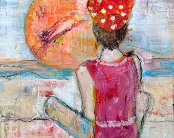 Sunset Beach original mixed media painting on cradle board