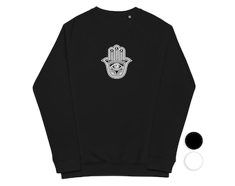 Hamsa Hand Sweatshirt | Embroidered Organic Cotton Unisex Pullover | Spiritual Gift & Boho Apparel