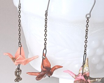 Miniature origami earrings paper crane on fine chain eco-friendly jewelry