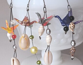 Miniature origami earrings paper crane with tiny seashells eco-friendly jewelry