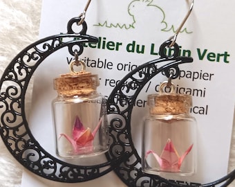 Miniature hand folded Japanese origami paper cranes in mini jars dangling within black crescent moon earrings