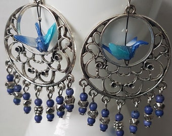 Origami crane earrings of blue paper in silver round shaped hoop with stones