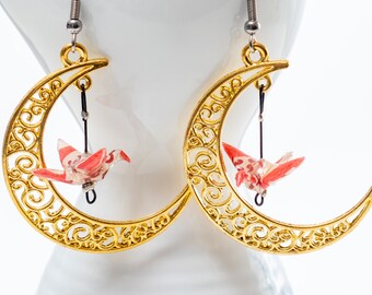 Origami earrings crane in gold filigree moon