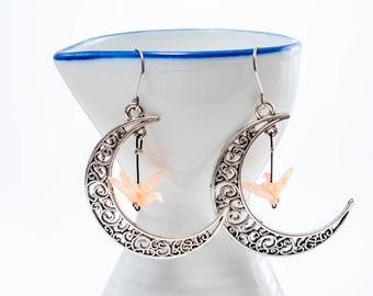 Origami earrings crane glow in the dark in silver filigree moon