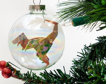 Christmas origami t-rex glass ball ornament -made to order