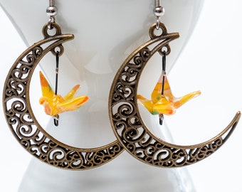 Origami earrings crane in bronze filigree moon