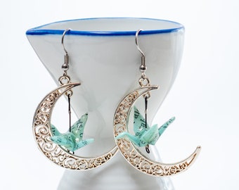 Origami earrings crane in silver filigree moon