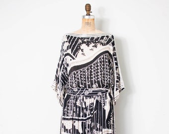 Vintage 1980s Judith Ann Silk Print Beaded Dress | M-L