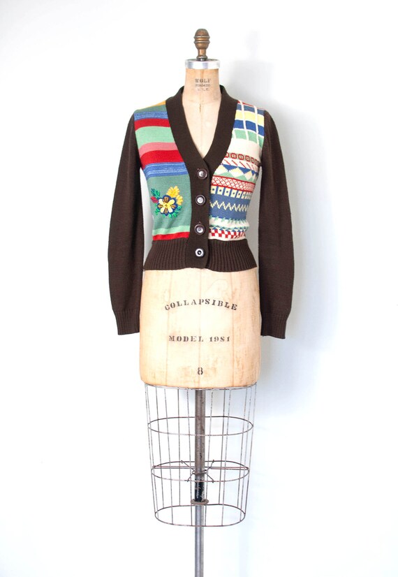 1970s Patchwork Embroidered Cardigan Sweater | XS