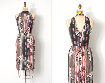 vintage 1980s dress | open back 80s halter dress | abstract print (extra small - small)