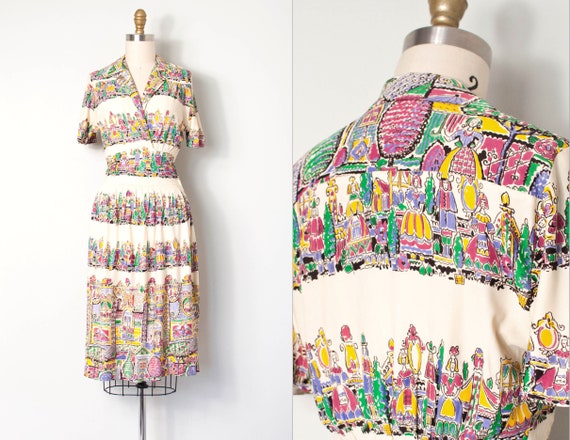 vintage 1930s dress | 30s novelty border print dre
