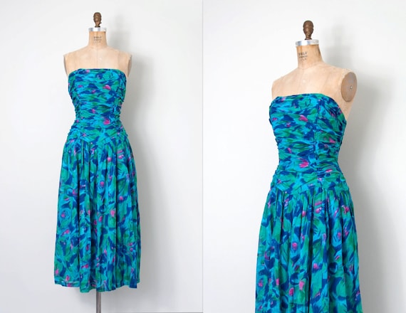 1980s dress / strapless indian cotton 80s Adini dr