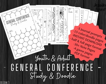 May include: A collection of black and white study and doodle pages. The cover reads "GENERAL CONFERENCE Study & Doodle" with a space for the date. A red starburst highlights features: journal prompts, color pages, instant download, note pages, game pages, and PDF format.