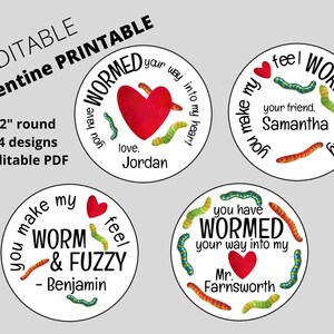 Editable GUMMY WORM Valentine&#39;s Printable - Valentine - 2&quot; circle - digital file  - pdf