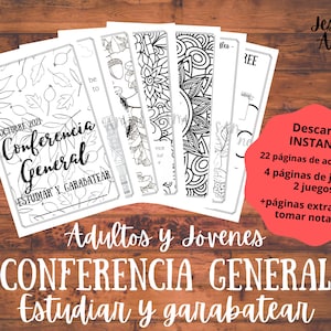 Könnte beinhalten: Schwarz-weiße druckbare Malvorlagen mit dem Text "Conferencia General" und "Estudiar y Garabatear" auf Spanisch. Die Seiten zeigen Herbstblätter, Blumen und komplizierte Muster. Der Text "Descarga Instante" ist ebenfalls enthalten, zusammen mit Details über die Anzahl der Seiten und Aktivitäten.