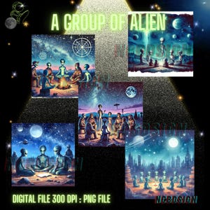 Alien Group, Alien Water Color, Alien Retro, Alien Clipart, Aliens Clipart, UFO, Printable Watercolor clipart, High Quality (Set 5PNG+SVG)