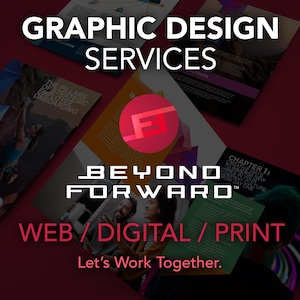 Könnte beinhalten: Werbebild mit dem Text "GRAPHIC DESIGN SERVICES" in Weiß. Das Bild enthält den Text "BEYOND FORWARD" und "WEB / DIGITAL / PRINT". Der Hintergrund ist ein Farbverlauf aus Dunkelrot und Schwarz.