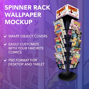 May include: A black metal spinner rack with a variety of comic books on display. The rack has a sign that reads "COMICS READ ONE TODAY!" and is set against a purple and white comic book background.