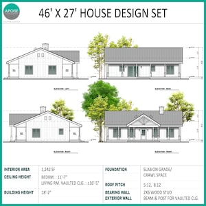 May include: A 46' x 27' house design set featuring architectural elevations for the left, rear, right, and front views. The document includes technical specifications for a 1,242 SF interior area, ceiling heights, building height, foundation, roof pitch, and wall construction details.