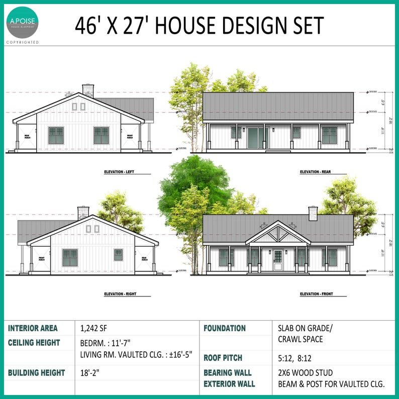 May include: A 46' x 27' house design set featuring architectural elevations for the left, rear, right, and front views. The document includes technical specifications for a 1,242 SF interior area, ceiling heights, building height, foundation, roof pitch, and wall construction details.