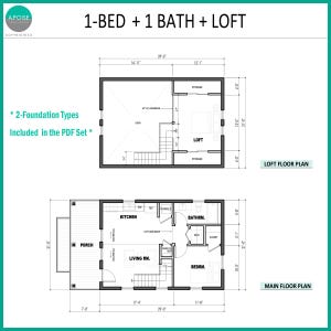 May include: A black and white architectural floor plan titled 1-BED + 1 BATH + LOFT. The drawing displays a main floor with a porch, kitchen, living room, bedroom, and bathroom, plus a loft floor plan with storage areas and an open space.