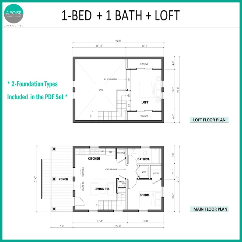 May include: A black and white architectural floor plan titled 1-BED + 1 BATH + LOFT. The drawing displays a main floor with a porch, kitchen, living room, bedroom, and bathroom, plus a loft floor plan with storage areas and an open space.