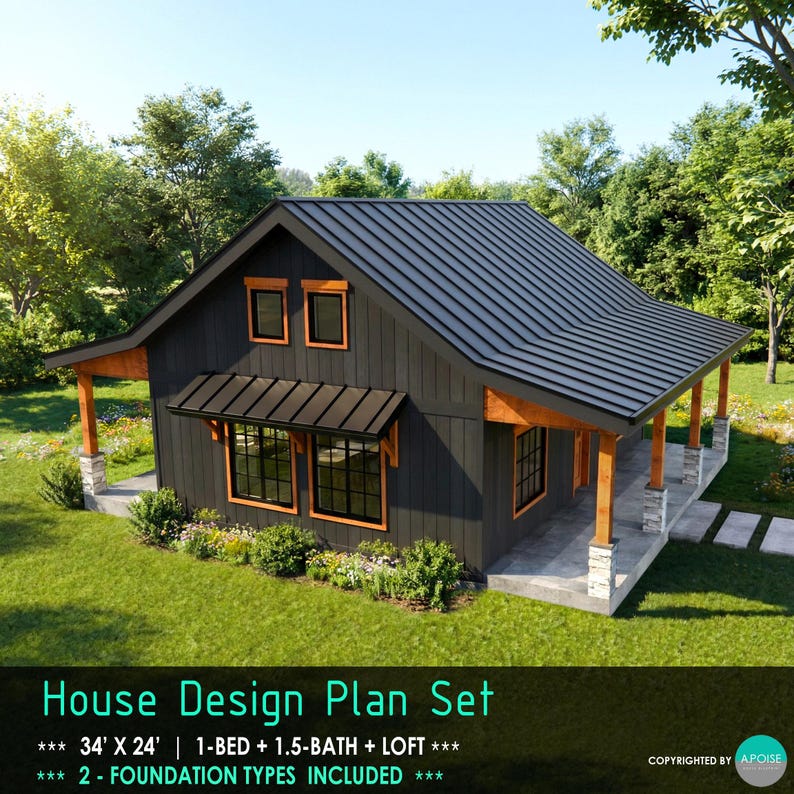 May include: A house design plan set featuring a rendering of a one-story cabin with dark vertical siding, a black metal roof, and wooden support beams. The text reads: House Design Plan Set, 34' X 24', 1-BED + 1.5-BATH + LOFT, 2 FOUNDATION TYPES INCLUDED.