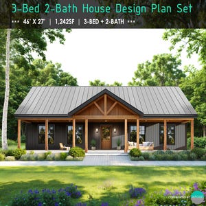 3bed 2bath House 46&#39;x27&#39; Farmhouse plan W/Front and Rear Porch House Design Building Plans - Custom House 1,242SF Ranch House Blueprint