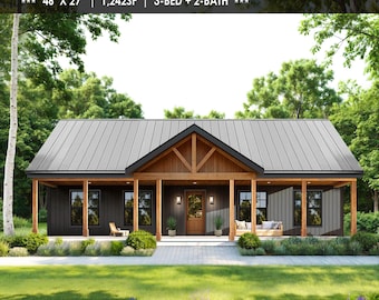 3bed 2bath House 46'x27' Farmhouse plan W/Front and Rear Porch House Design Building Plans - Custom House 1,242SF Ranch House Blueprint