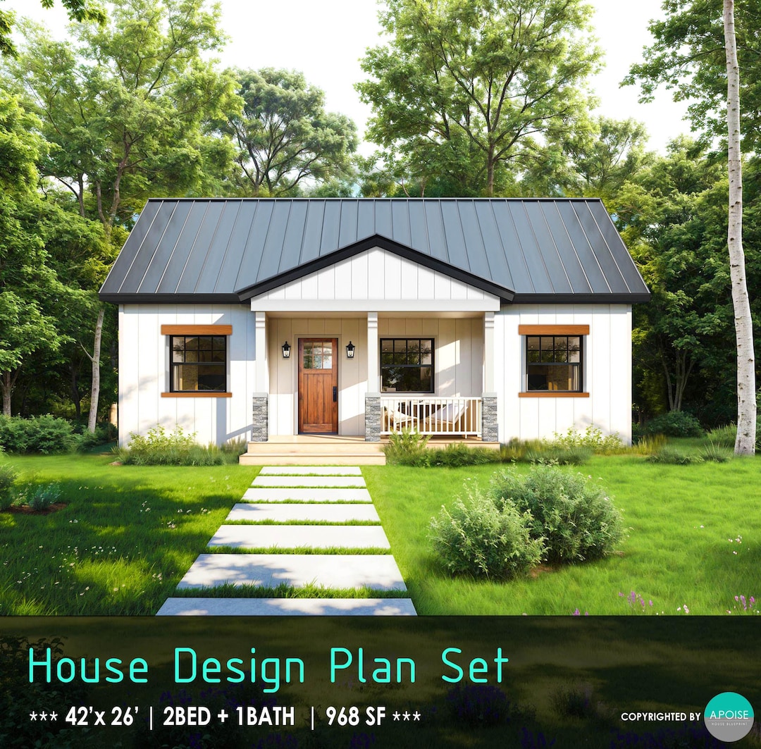 42'x26' Modern 2-bedroom ADU House Plan: 968 SF Cabin Blueprint (PDF ...
