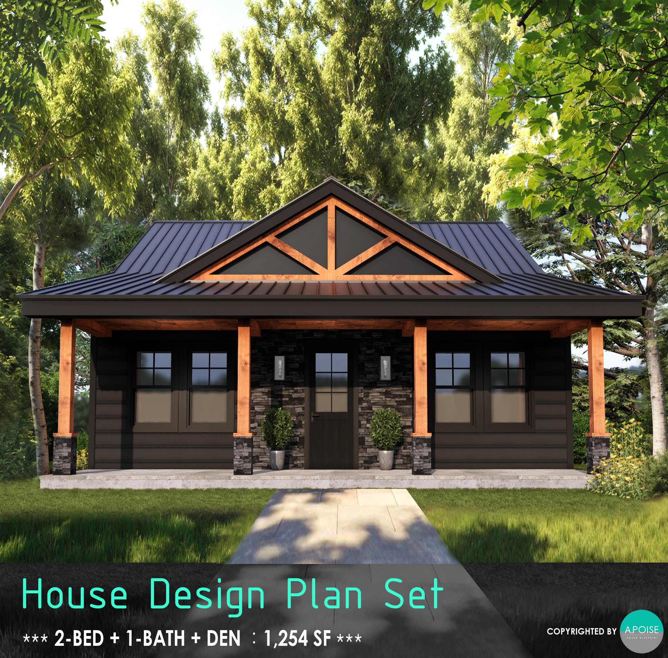 33'x38' House Plans 2bed 1bath House: 1,254SF Farmhouse Cabin Plan Blueprint (PDF Download)