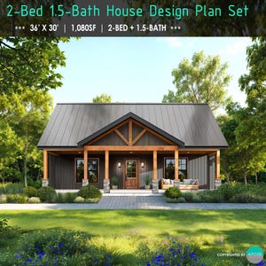 House Plan Blueprint 36&#39;x30&#39; 2Bed 1.5Bath Modern Small House Floor Plan House Building Plans - Home Plan 1,080SF Farmhouse Plans