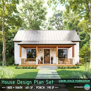 31 &#39;x 21 &#39;Tiny House Plans 1 Schlafzimmer Kabine W / Porch Crawl Space Foundation House Design Plans - Custom 651SF Farmhouse Build Blueprint
