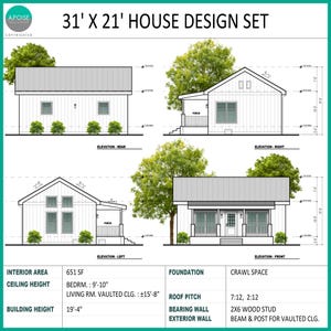 May include: A 31' x 21' house design set featuring architectural elevations for the front, rear, left, and right sides. The document includes technical specifications for a 651 square foot interior, ceiling heights, foundation, and roof pitch.