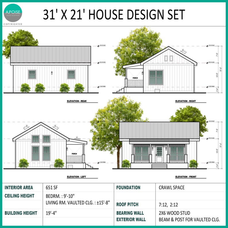 May include: A 31' x 21' house design set featuring architectural elevations for the front, rear, left, and right sides. The document includes technical specifications for a 651 square foot interior, ceiling heights, foundation, and roof pitch.