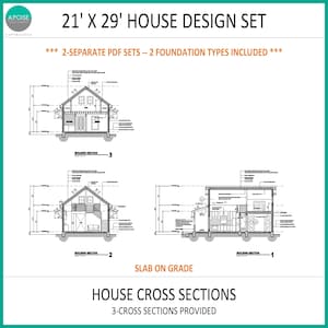 May include: A 21' x 29' house design set featuring three black and white architectural cross sections. The document includes two separate PDF sets with two foundation types, specifically slab on grade, and three detailed building sections.