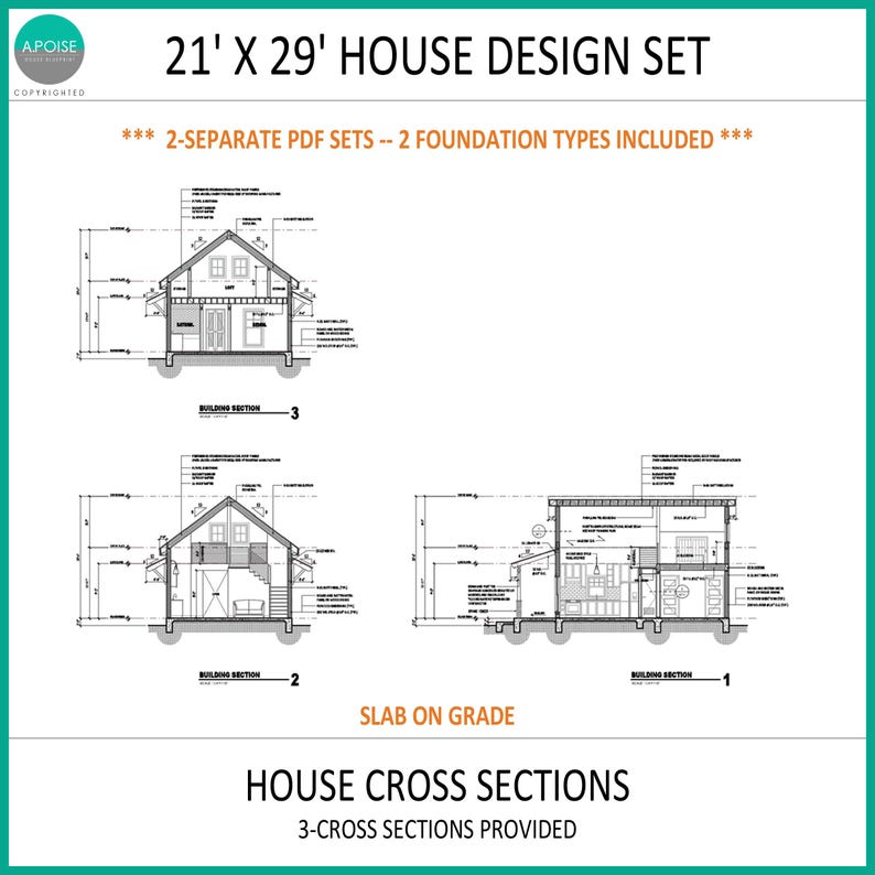 May include: A 21' x 29' house design set featuring three black and white architectural cross sections. The document includes two separate PDF sets with two foundation types, specifically slab on grade, and three detailed building sections.