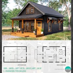 May include: A small house design featuring a dark exterior with a metal roof, a wooden porch, and large windows. The image includes detailed floor plans for a loft and main floor, noting 1 bedroom, 1 bathroom, and a total of 757 square feet.