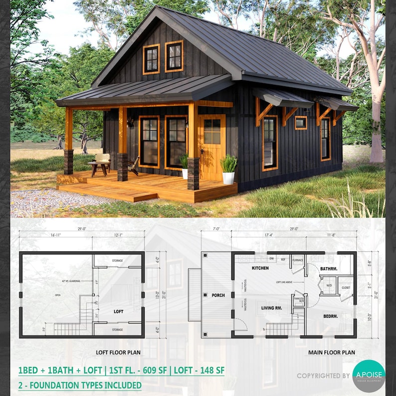 May include: A small house design featuring a dark exterior with a metal roof, a wooden porch, and large windows. The image includes detailed floor plans for a loft and main floor, noting 1 bedroom, 1 bathroom, and a total of 757 square feet.
